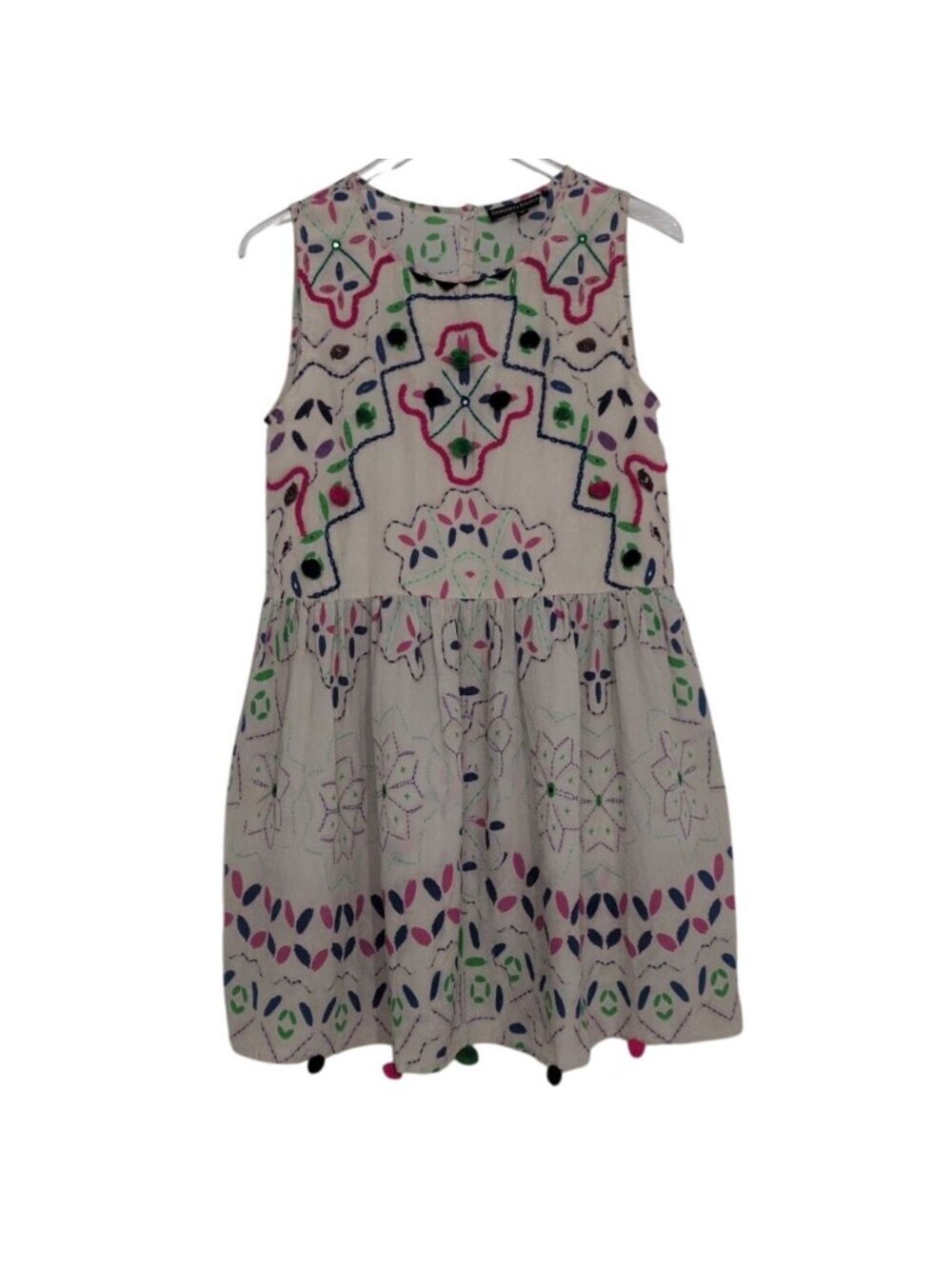 Hemant & Nandita Silk Dress Womens Size 16 Beaded Pom Poms Boho Cottage Resort